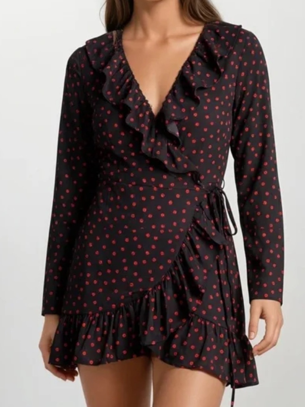 Realisation Par Alexandra Black Mini Wrap Dress Red Polka Dots Medium 100% Silk - Picture 7 of 14
